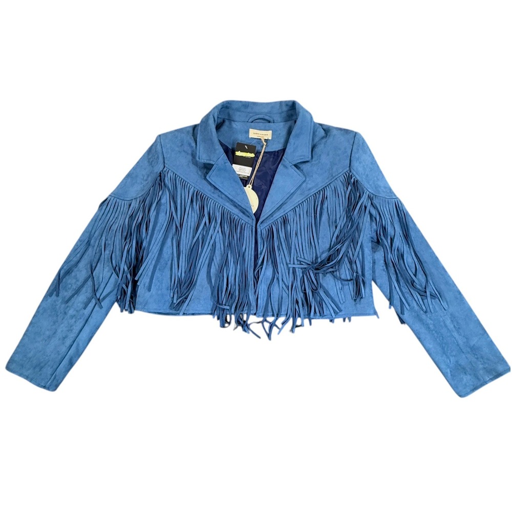 SAINTS & HEARTS Curvy Fringe Suede Jacket Womens 1X Blue Cropped Western Boho - Picture 4 of 10